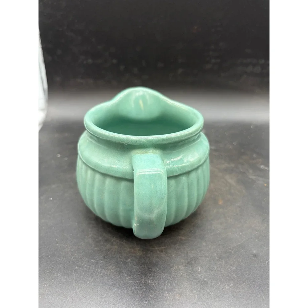 Vintage Seafoam Green Ribbed Ceramic Creamer Pitcher Fluted Pottery